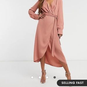 ASOS DESIGN collared wrap midi dress with tie belt in terracotta (US size 6)